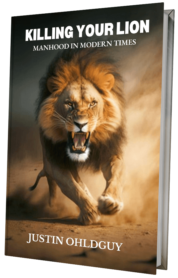 Book cover of a fierce lion glaring and snarling at the reader. The title is Killing Your Lion by Justin Ohldguy